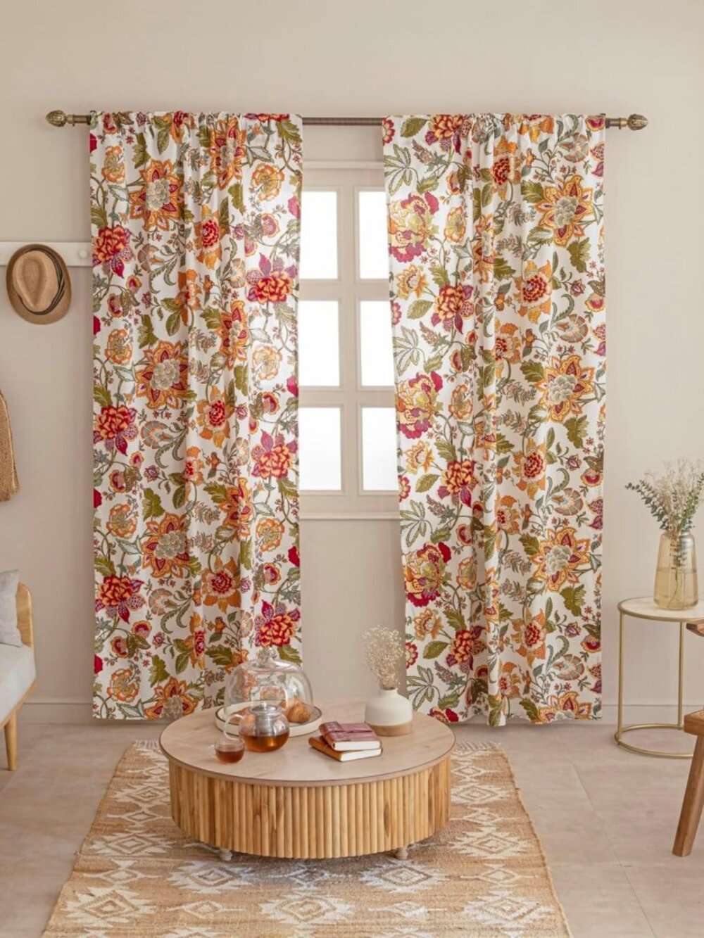 Set of 2 Cotton Printed Tab Top Curtains 42x63 for Bedroom, Kitchen & Living